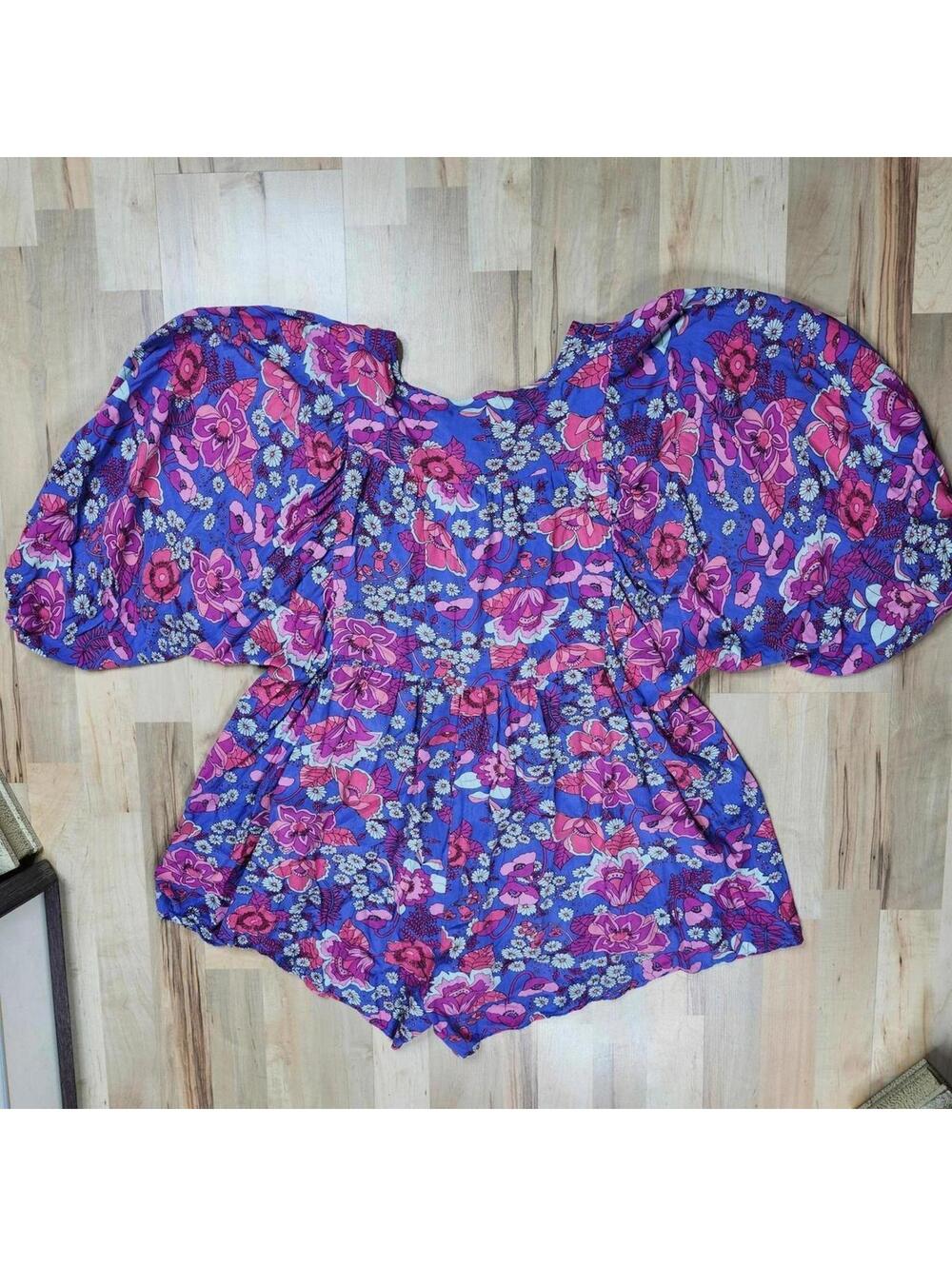 Rusttydustty Floral Romper Puff Sleeve Blue Pink Boho Festival XL